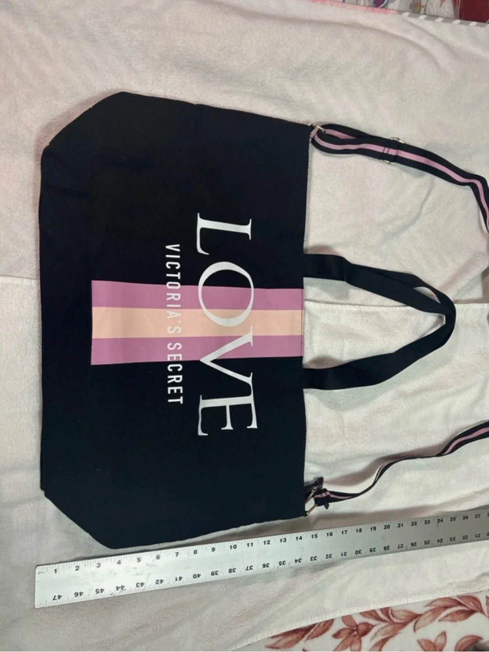 Victoria's Secret LOVE Black Shoulder Tote with Pink Stripe